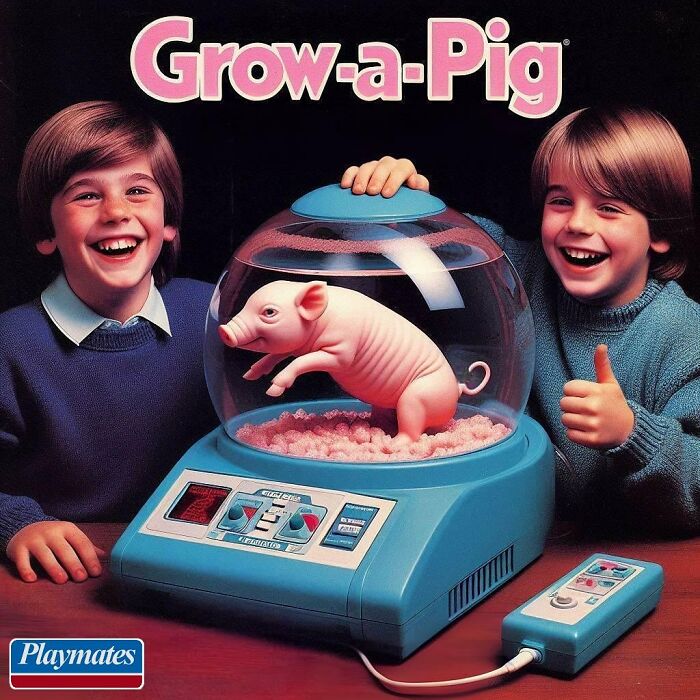 Two kids smiling next to a "Grow-a-Pig" toy in a futuristic setting.