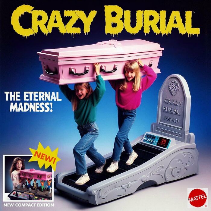 Two girls with a pink coffin on a treadmill, part of a collection of wild and controversial toy concepts by Rosemberg.