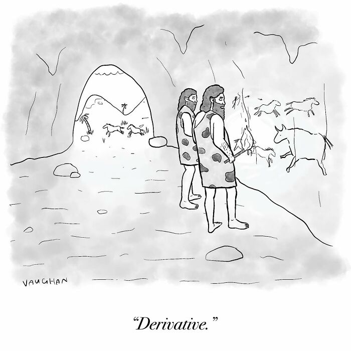 Clever observational comic by Vaughan Tomlinson showing cavemen critiquing cave art, saying "Derivative."