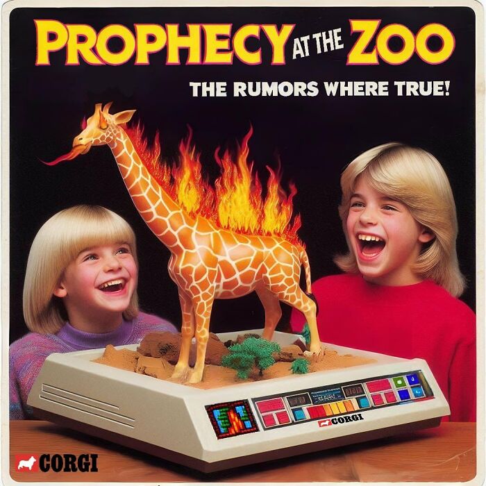 A flaming giraffe toy on a platform with excited kids, part of Rosemberg's controversial toy ideas series.