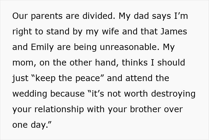 Text discusses divided family opinions on attending a wedding, involving a bride and her attention-seeking sister-in-law.