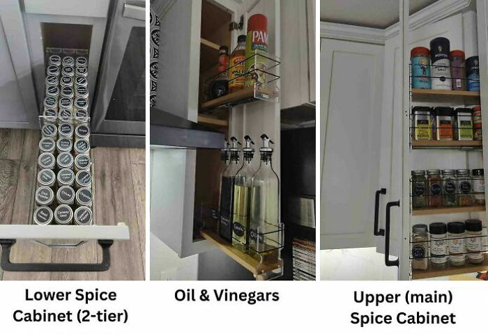 Neat organization in kitchen cabinets with spices, oils, and vinegars displayed on shelves.