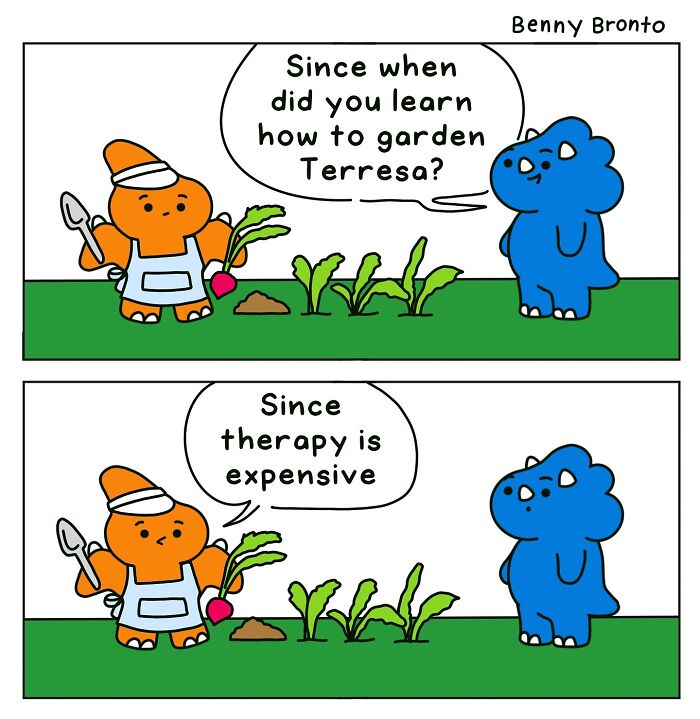 Two cartoon characters discussing gardening as a form of therapy in a ‘Benny Bronto’ comic strip.