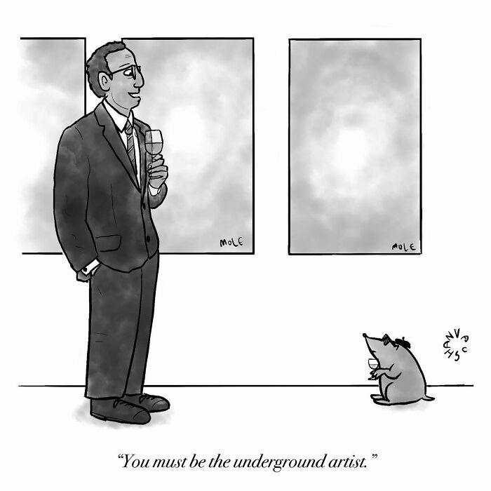 Man holding wine talks to a mole in an art gallery. Image by Vaughan Tomlinson, creator of clever observational comics.