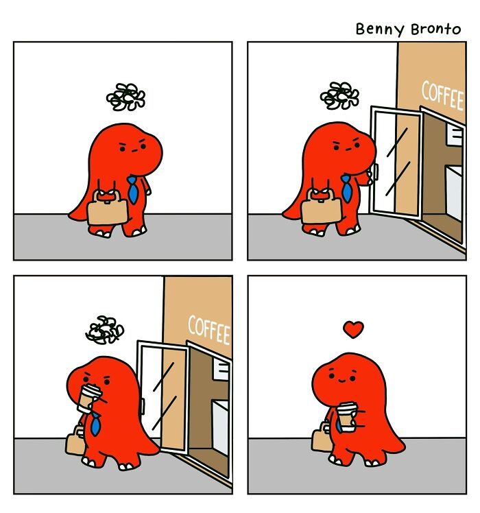 Benny Bronto comic: a stressed character becomes happy after getting coffee.