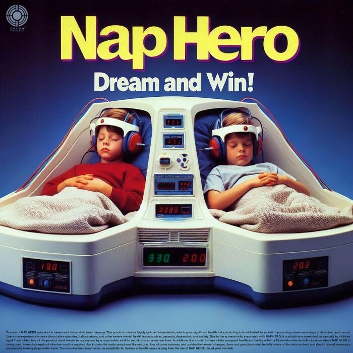 Children in a futuristic sleep device, highlighting controversial toy concepts by Rosemberg.