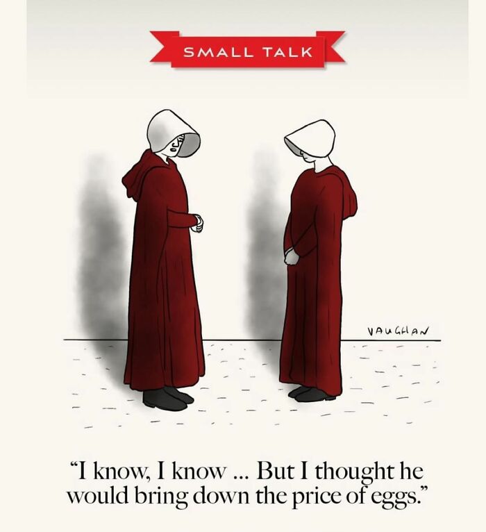 Two figures in red cloaks discuss egg prices, an observational comic by Vaughan Tomlinson.