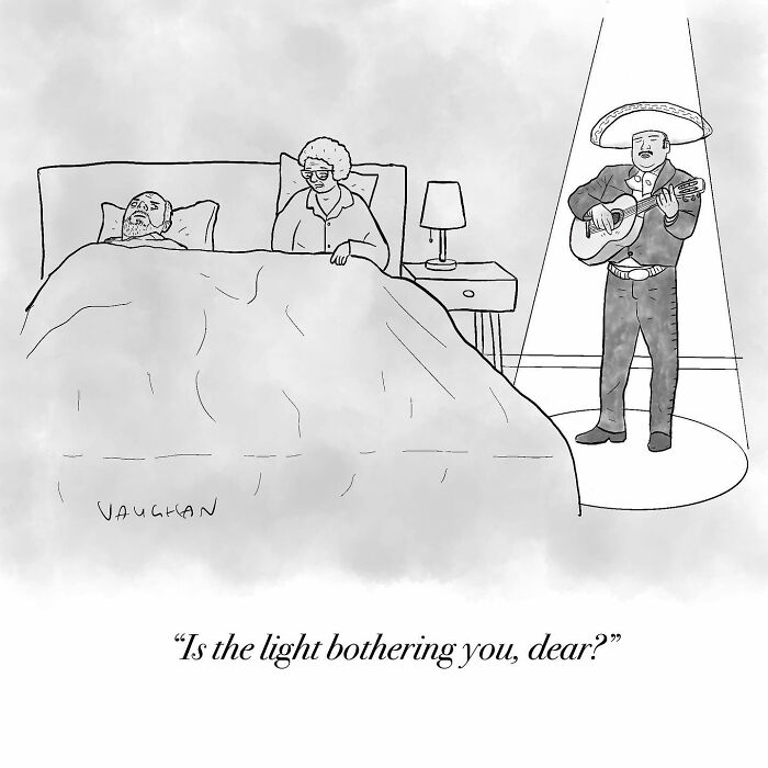 Couple in bed with musician playing guitar in spotlight; observational comics by Vaughan Tomlinson.