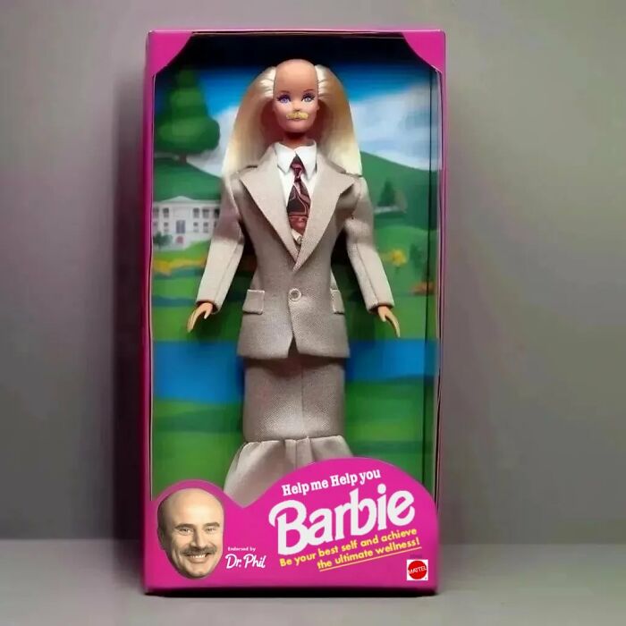 Barbie doll in a business suit with a mustache, part of controversial toy ideas by Rosemberg.