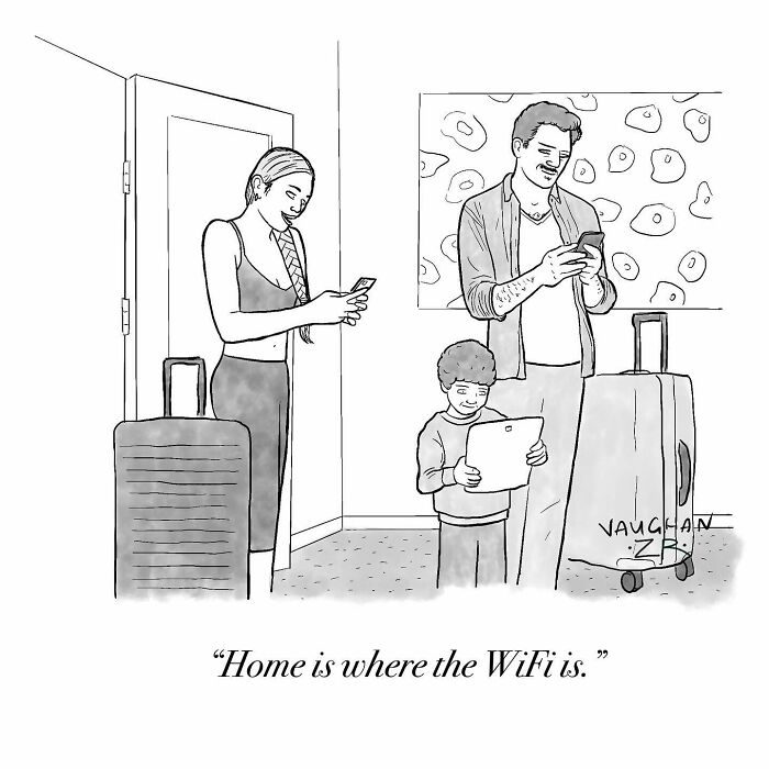 Family with devices and luggage in observational comics scene by Vaughan Tomlinson.