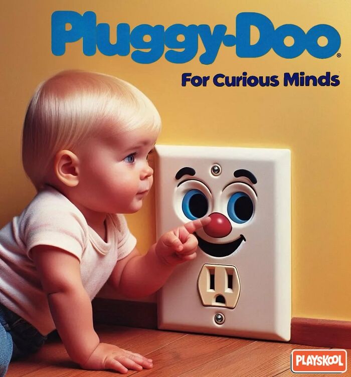 Baby playing with a controversial toy resembling an electrical outlet.