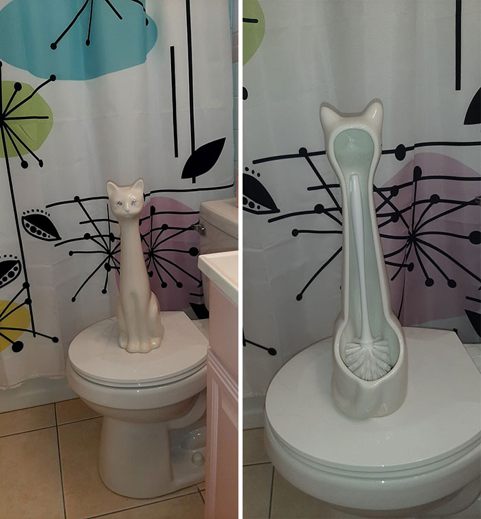 Cat-shaped toilet brush holder as a weird secondhand find in a bathroom setting.
