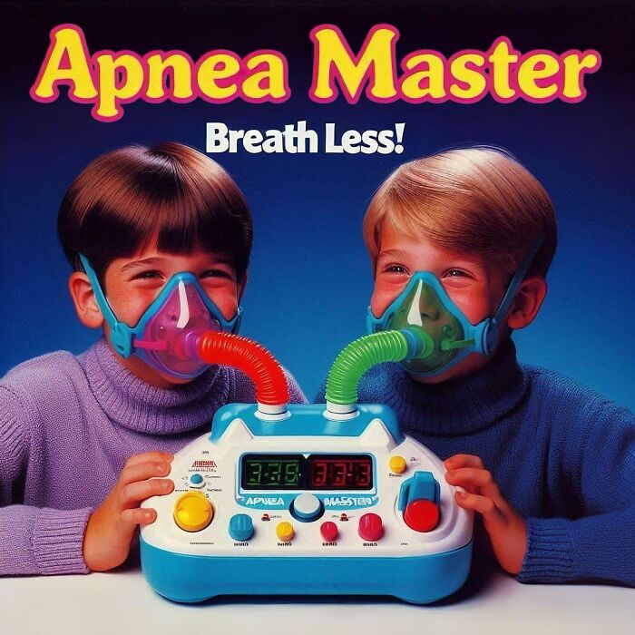 Two children using a controversial toy with breathing masks and a control panel titled "Apnea Master".