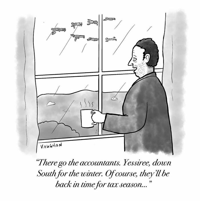 Man with a mug observes accountants flying south in an observational comic by Vaughan Tomlinson.