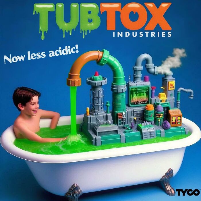 Child in bathtub with a factory toy pouring green liquid, labeled "Tubtox Industries" as a forbidden toy idea.