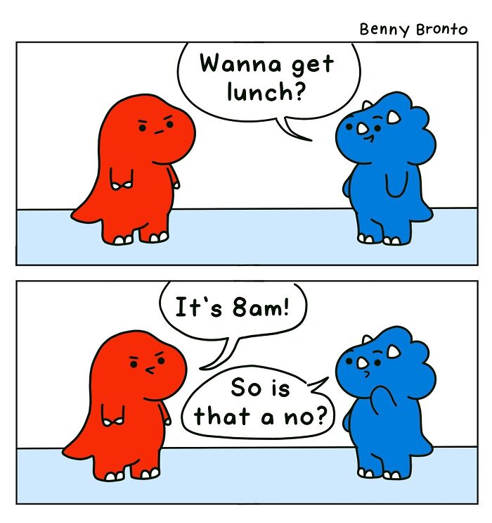 Red and blue dinosaurs in a Benny Bronto comic discuss having lunch at 8am.