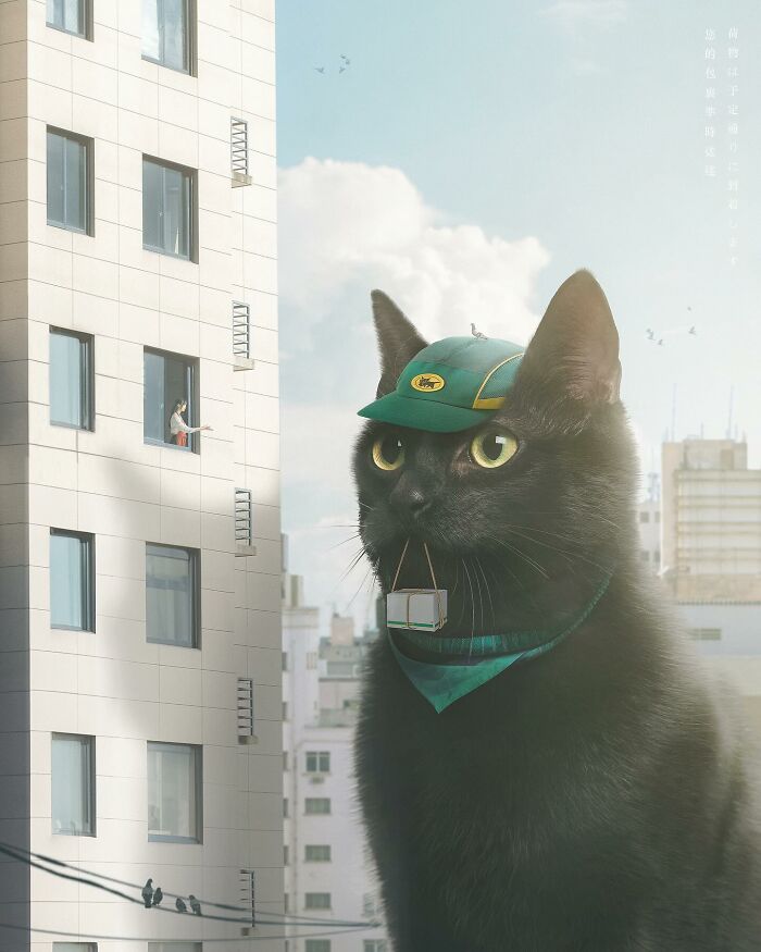 Giant cat wearing a green cap beside a tall building, imagining a world with oversized cats in urban settings.