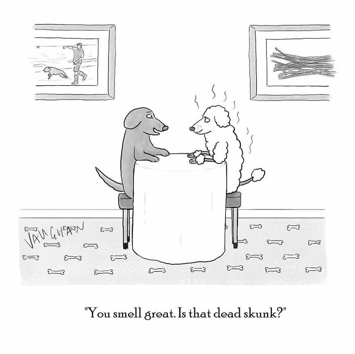 Two dogs at a table, with one complimenting the other's skunk scent. Observational comedy by Vaughan Tomlinson.