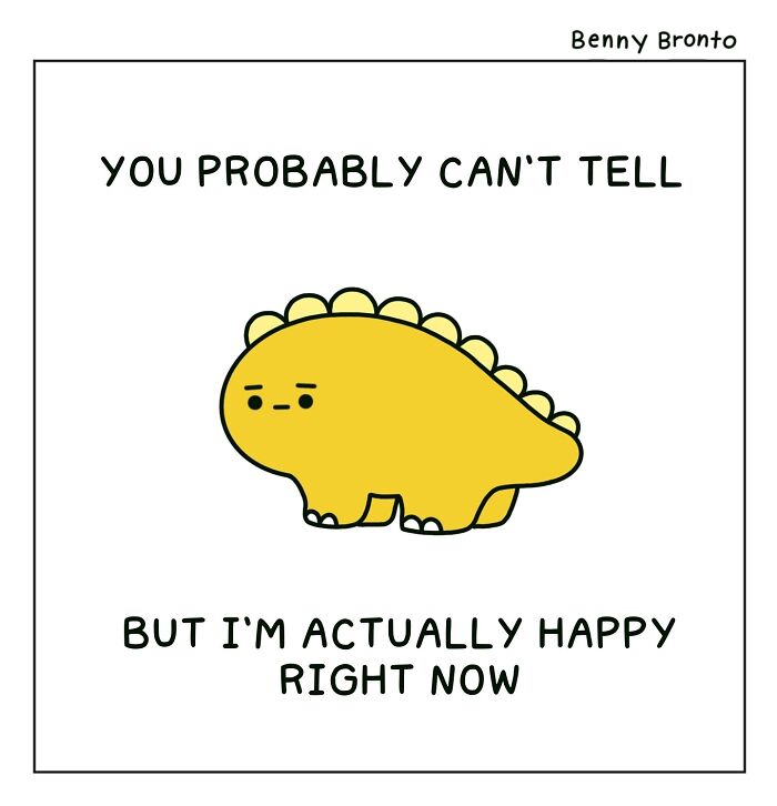 Cartoon dinosaur from Benny Bronto comics expressing subtle happiness.