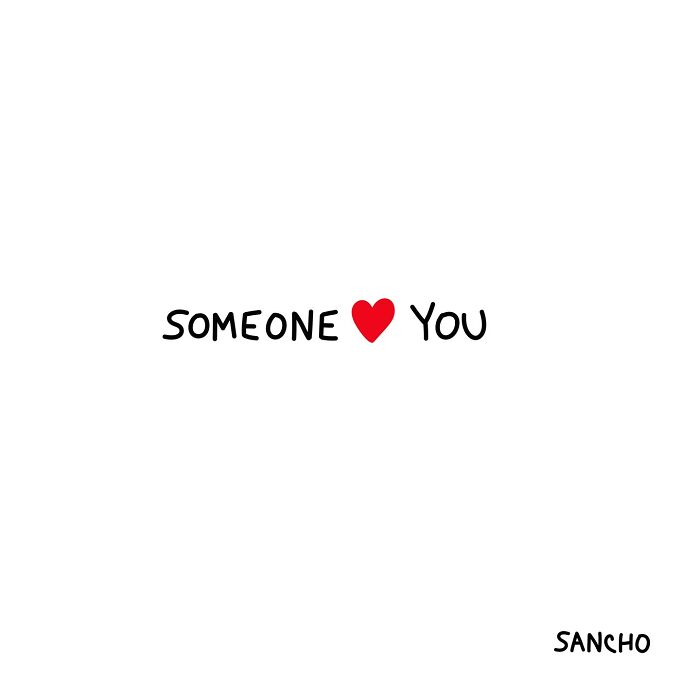 Quirky illustration by Gabriel Sancho featuring the text "Someone ♥ You" with a red heart.