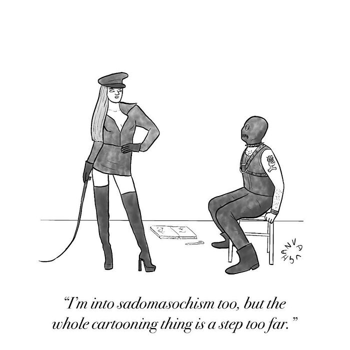 Observational comic by Vaughan Tomlinson of a B**M scene with a humorous twist related to cartooning.