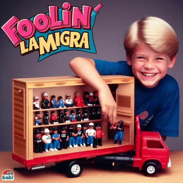 Child with controversial toy truck featuring miniature figures, titled "Foolin' La Migra."