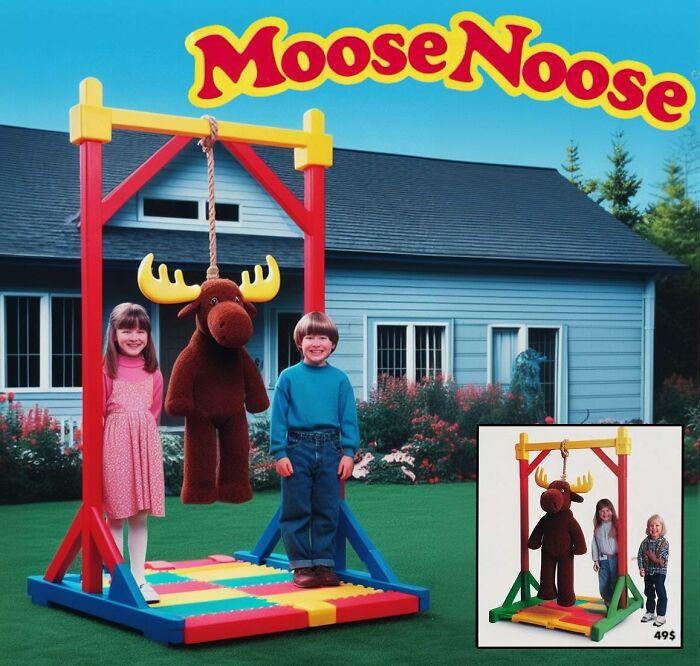 Kids with controversial toy moose on colorful platform, evoking wild and forbidden toy ideas by Rosemberg.