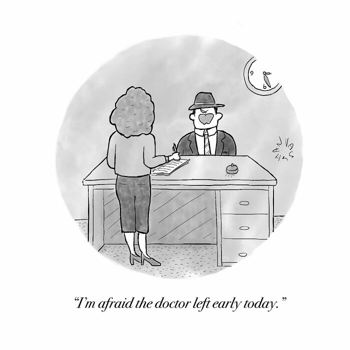 Comic by Vaughan Tomlinson showing a person at a desk telling a visitor, "I'm afraid the doctor left early today."