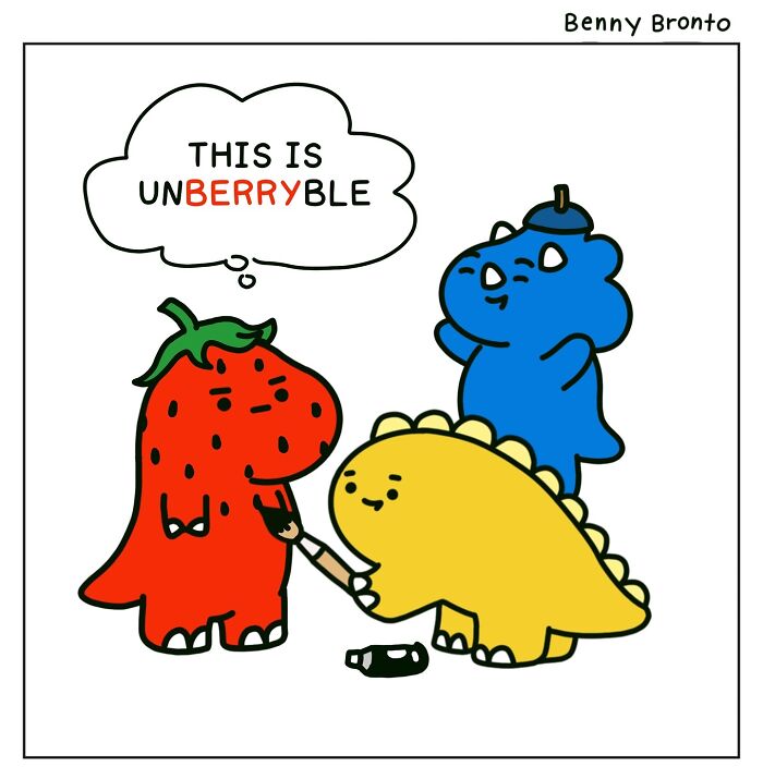 Benny Bronto comic with colorful dinosaurs; one is painted red like a strawberry saying "This is unberryble."