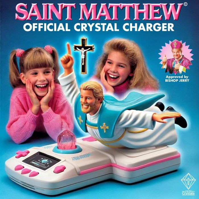 Two children excitedly play with a controversial toy featuring a flying saint figure and crystal charger.