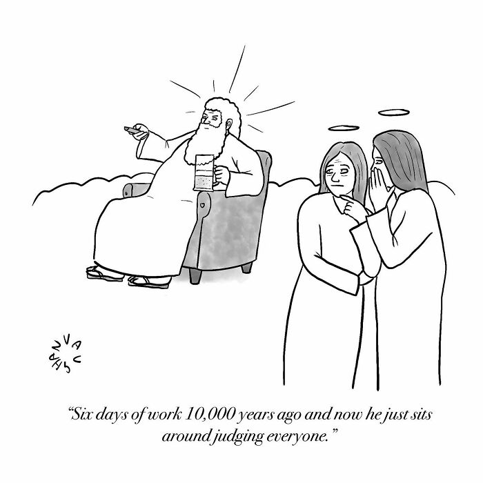 Observational comic by Vaughan Tomlinson showing a figure on a chair with others whispering, captioned humorously.