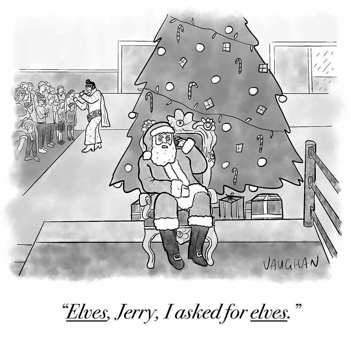 Santa sitting by a Christmas tree looking puzzled as an Elvis impersonator performs for a crowd, featuring observational comics.