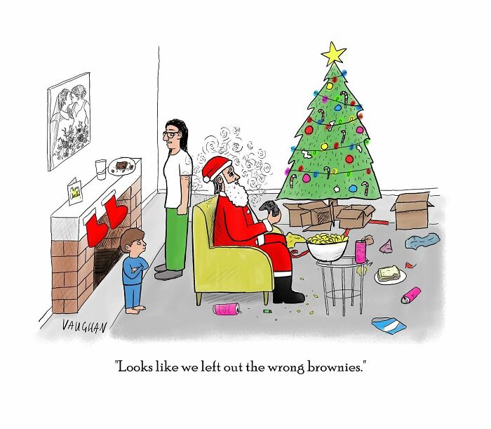 Santa on a chair feeling dazed near a Christmas tree, showcasing observational comics by Vaughan Tomlinson.