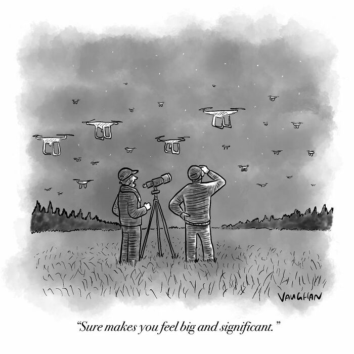 Two people observing drones in the sky with a telescope; observational comic by Vaughan Tomlinson.