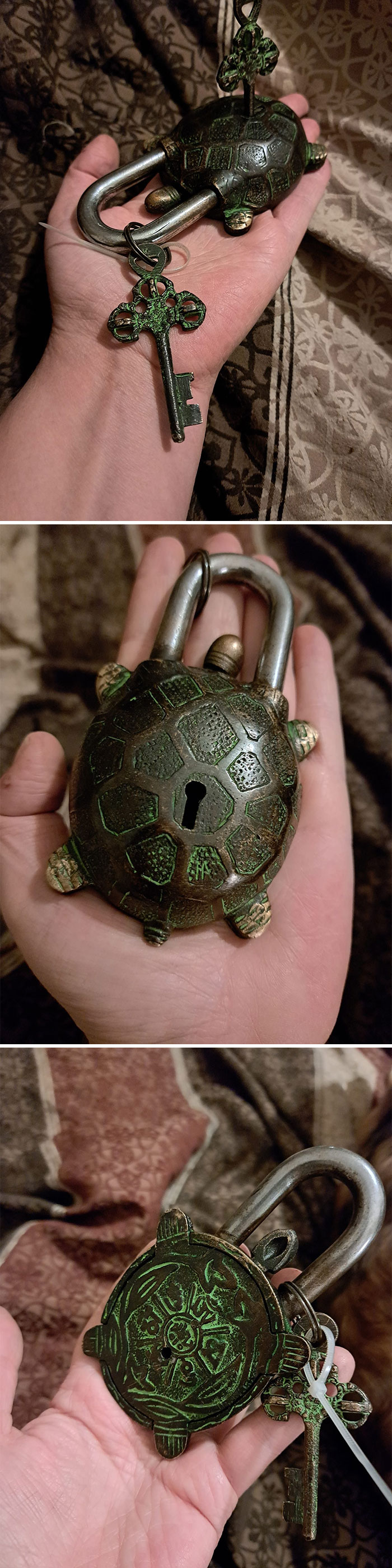 Turtle-shaped vintage lock with ornate key, a secondhand find.