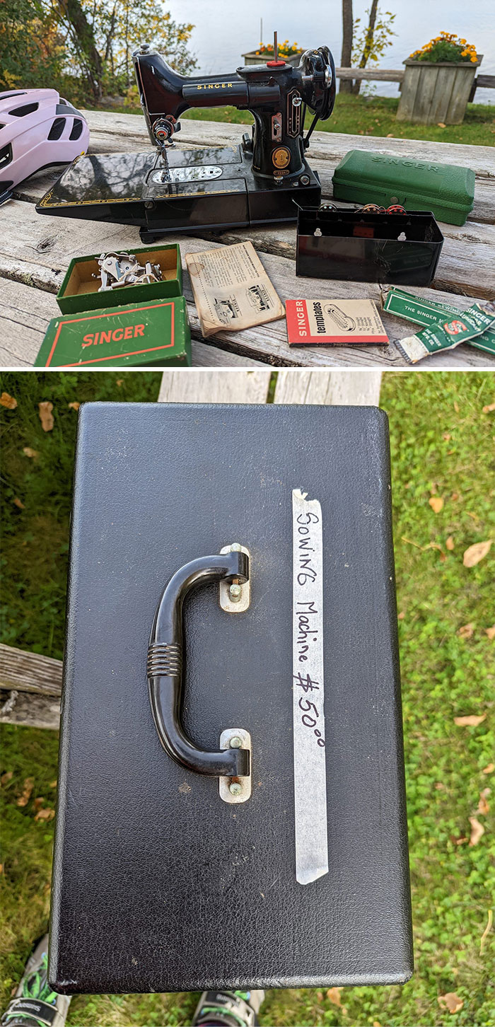 Vintage sewing machine with accessories displayed on a picnic table, part of a secondhand finds collection.