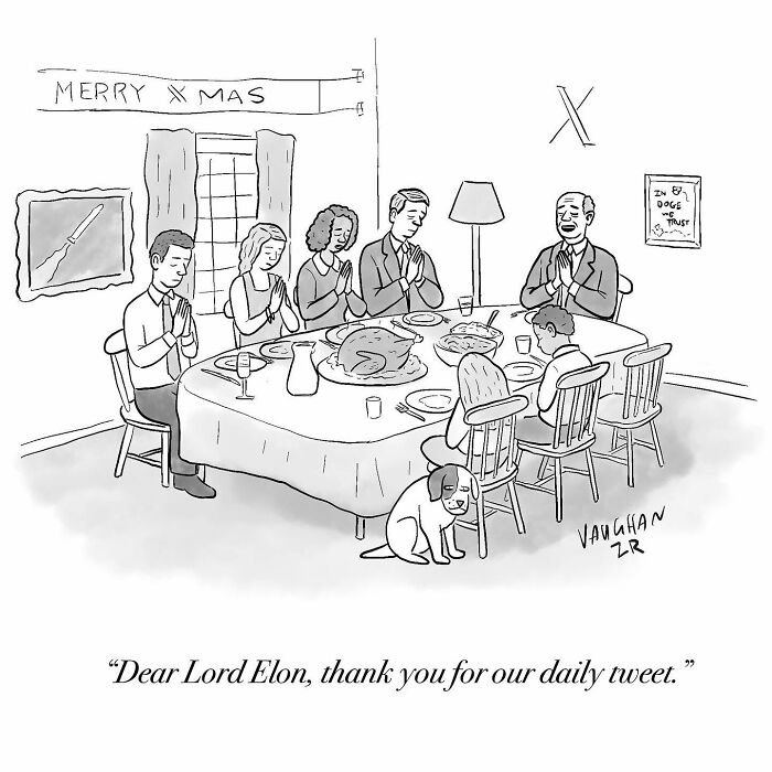 Observational comic by Vaughan Tomlinson showing a family praying at dinner with a humorous tweet reference.