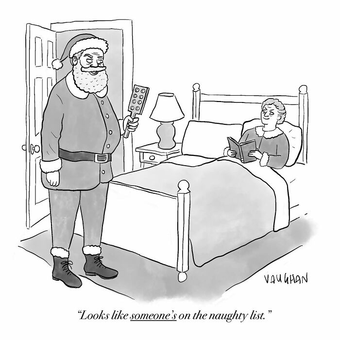 Santa holding a fly swatter, standing by a child's bed in an observational comic by Vaughan Tomlinson.