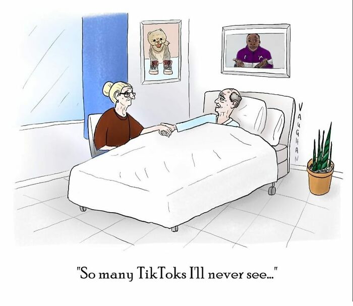 Elderly man in bed holding hands with a woman, discussing TikToks. Observational comic by Vaughan Tomlinson.