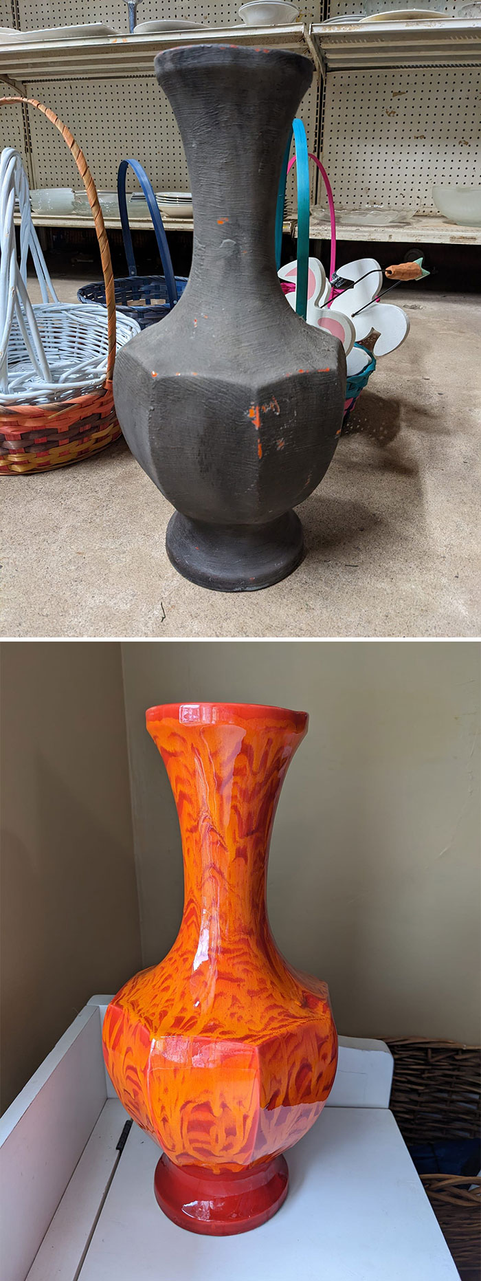 Two secondhand vases: one unpainted and another vibrant orange with a glossy finish, showcasing unique finds.