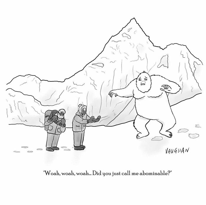 Comic by Vaughan Tomlinson featuring climbers surprised by a talking yeti in the mountains.
