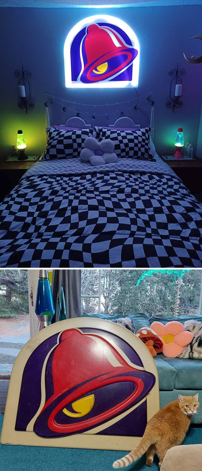 Secondhand finds: Bedroom with checkered bedding, neon bell sign, and a cat beside a retro bell artwork.