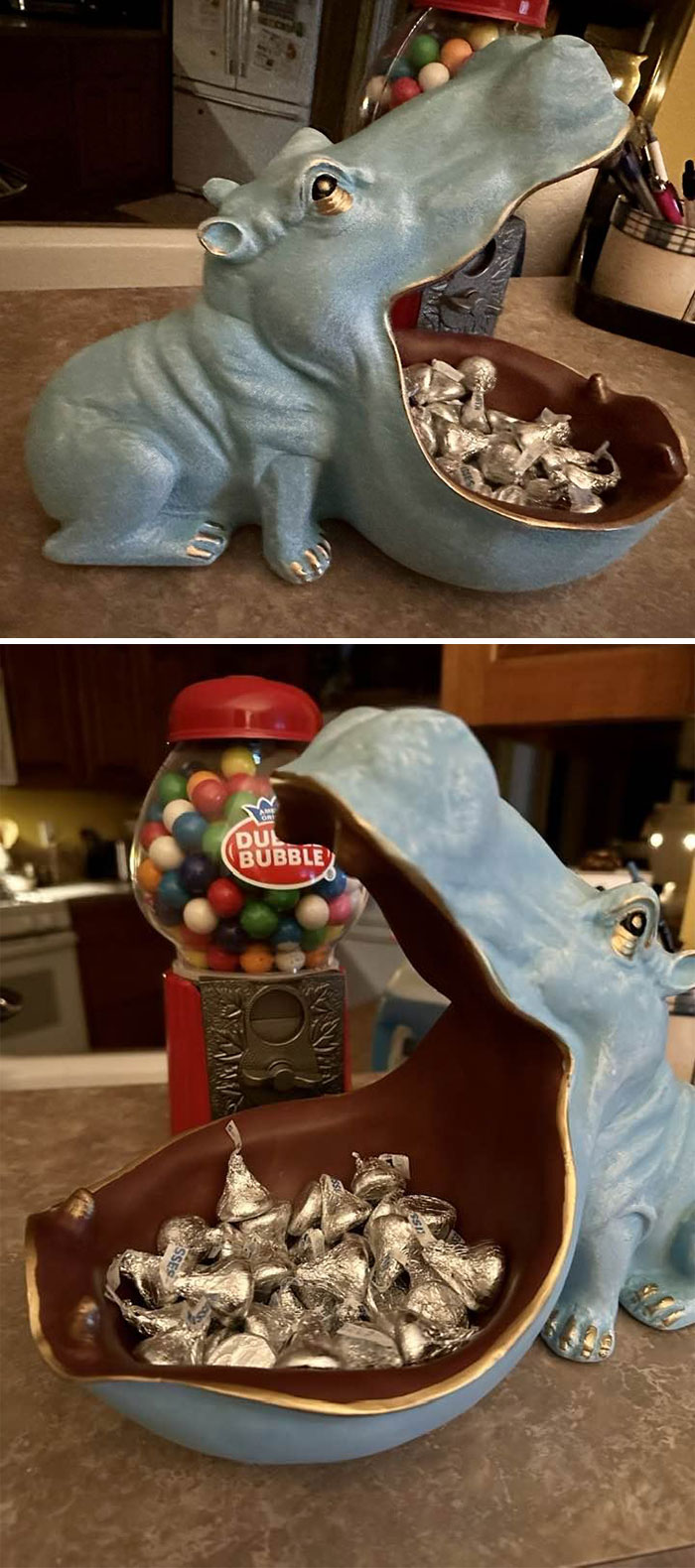 A quirky secondhand find featuring a hippo candy dish with chocolates and a gumball machine in the background.