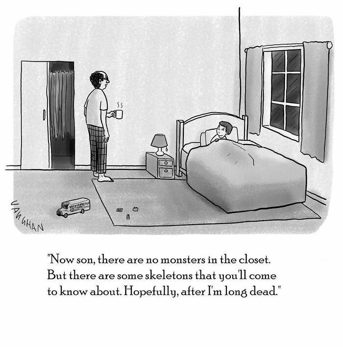 Observational comic by Vaughan Tomlinson showing a father reassuring a child about monsters in the closet.