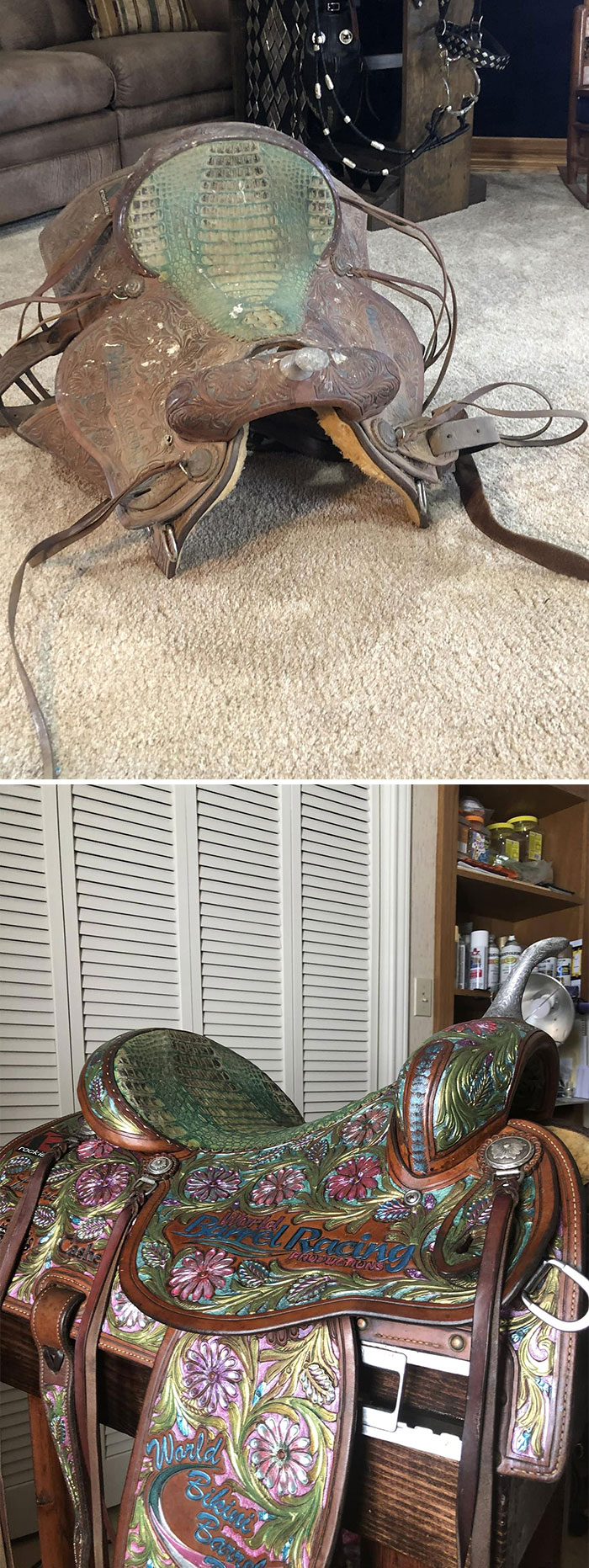 Secondhand finds: a before-and-after of a restored ornate saddle with vibrant floral designs.