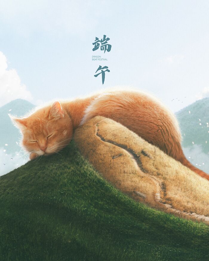 Giant cat sleeping on a mountain, illustrating a surreal world imagined by artist Xiang.