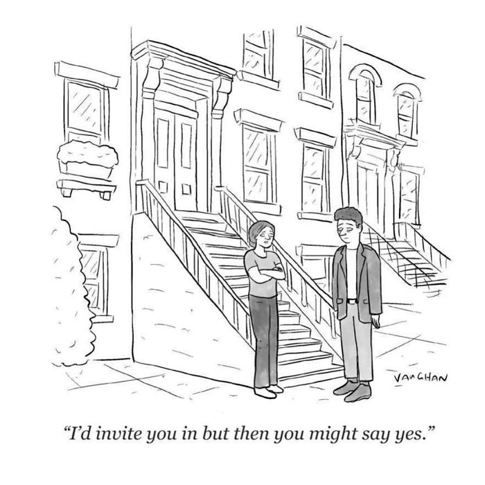 A clever observational comic by Vaughan Tomlinson depicting two people having a humorous conversation on a stoop.