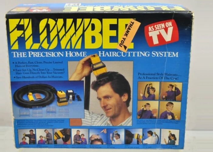 Flowbee haircutter box, a nostalgic Gen X product, featuring images of home haircuts with vacuum attachment.