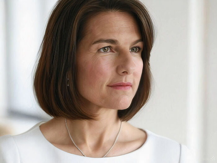 A female transformation of a famous Hollywood actor using AI, with short brown hair and a white top.