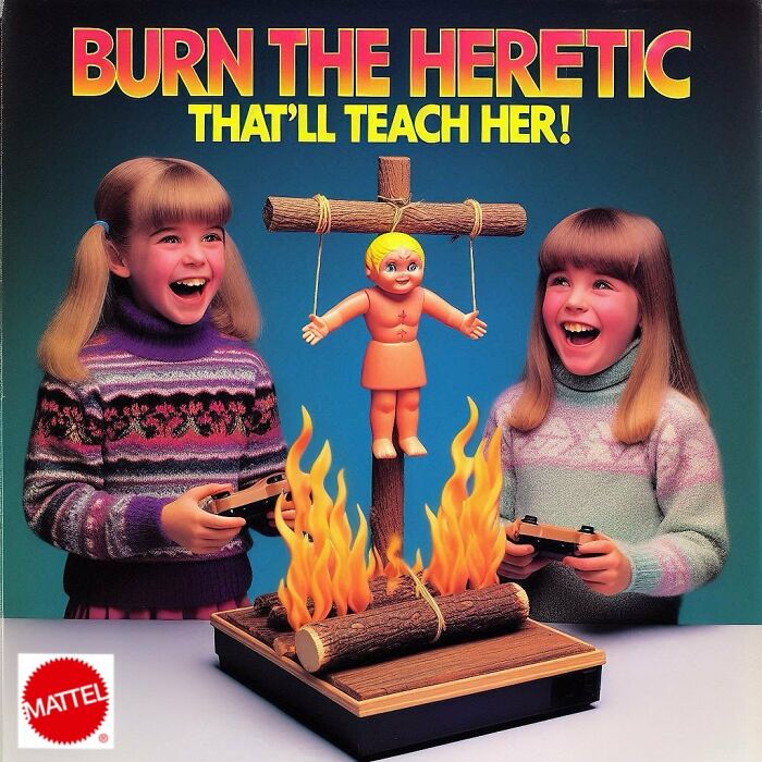 Children playing with a controversial toy labeled "Burn the Heretic," featuring a doll on a fake fire setup.